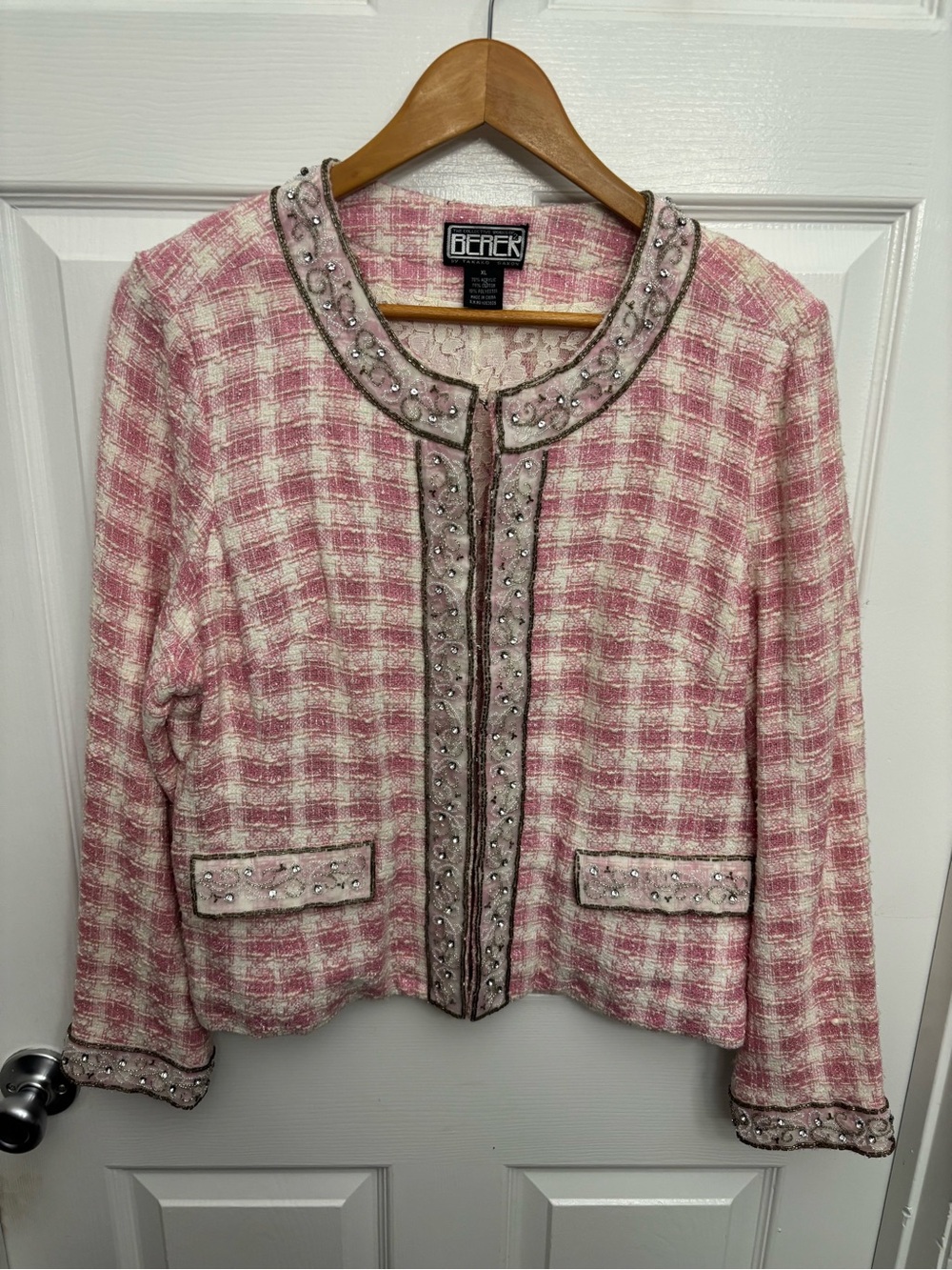 Berek by Takako Sakon Pink/Cream Tweed Plaid Embellished Vintage Lace Jacket